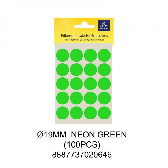 MAYSPIES MS019 COLOUR DOT LABEL / 5 SHEETS/PKT / 100PCS / ROUND 19MM NEON GREEN